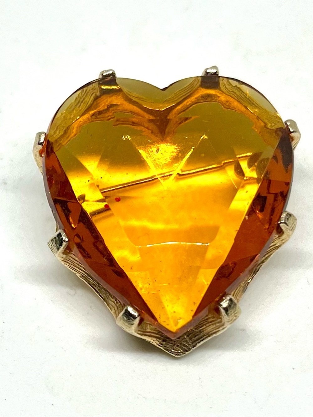 Vintage Amber Colored  Glass Heart Brooch